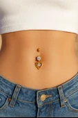 Kadın 316L Cerrahi Çelik Altın Kaplama Kalpli Göbek Piercing – Zirkon Taşlı thumbnail 1