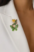 Kadın Çift Kelebek Figürlü Yeşil Sarı Broş – Zirkon Detaylı Kararmaz Metal thumbnail 1