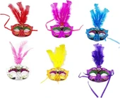 Renkli Tüylü Venedik Parti Maskesi Karışık Renk 12 Adet thumbnail 1