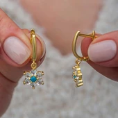 Gümüş Mavi Taşlı Gold Çiçek Kadın Küpe thumbnail 2