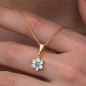 Gümüş Mavi Taşlı Gold Çiçek Kadın Kolye thumbnail 1