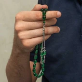 Gümüş Püsküllü Yeşil Ateş Kehribar Tesbih thumbnail 4