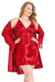 MDB MdbShop Büyük Beden Kırmızı Kısa İkili Saten Sabahlık Gecelik Takımı thumbnail 4