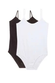 2 Adet Battal Beden İp Askılı Kadın Çıtçıtlı Body Siyah Beyaz - 1