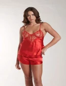 MDB MdbShop Kırmızı Dantel Detaylı İnce Askılı Saten Şortlu Takım thumbnail 2