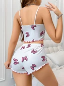 MDB MdbShop Pamuklu Beyaz Üstüne Pembe Kurdela Desenli Fitilli Askılı Şortlu Pijama Takımı - 3