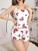 Kadın Beyaz Kalp desenli Şortlu Gecelik Pijama Takımı 5052 - 1