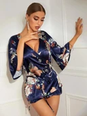 MDB MdbShop Çiçek Desenli Mavi Mini Saten Gecelik Sabahlık thumbnail 1