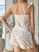 MDB MdbShop Pamuklu Beyaz Üstüne Kiraz Desen Fırfır Askılı Şortlu Pijama Takımı thumbnail 3