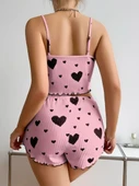 MDB MdbShop Pamuklu Pembe Üstüne Siyah Kalp Desenli Askılı Fitilli Şortlu Pijama Takımı - 3