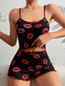 MDB MdbShop Pamuklu Kiss Öpücük Desen Siyah Fitilli Şortlu Pijama Takımı - 1