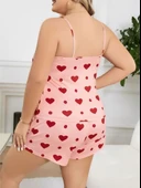 MDB MdbShop Büyük Beden Pembe Kalp Desen Pamuklu Şortlu Pijama Takımı - 3