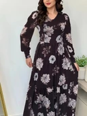 Kadın Uzun Kollu V Yakalı çiçek Desenli Maxi Süprem Elbise - 1