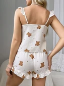 MDB MdbShop Pamuklu Ayıcık Desen Fırfırlı Askılı Şortlu Pijama Takımı - 4