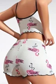 MDB MdbShop Pamuklu Beyaz Üstüne Pelikan Desen Fitilli Askılı Şortlu Pijama Takımı - 3