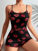MDB MdbShop Pamuklu Kiss Öpücük Desen Siyah Fitilli Şortlu Pijama Takımı - 2