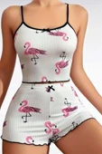 MDB MdbShop Pamuklu Beyaz Üstüne Pelikan Desen Fitilli Askılı Şortlu Pijama Takımı - 2