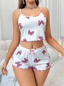 MDB MdbShop Pamuklu Beyaz Üstüne Pembe Kurdela Desenli Fitilli Askılı Şortlu Pijama Takımı - 2