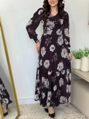 Kadın Uzun Kollu V Yakalı çiçek Desenli Maxi Süprem Elbise - 2