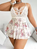 MDB MdbShop Büyük Beden Beyaz Üstüne Çiçek Desenli Dantel İşlemeli İnce Askılı Mini Gecelik thumbnail 1