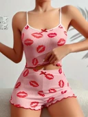 MDB MdbShop Pamuklu Kiss Öpücük Desen Pembe Şortlu Pijama Takımı thumbnail 2