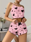 MDB MdbShop Pamuklu Pembe Üstüne Siyah Kalp Desenli Askılı Fitilli Şortlu Pijama Takımı - 2