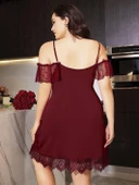 MDB MdbShop Büyük Beden Bordo Dantel İşlemeli İnce Askılı Gecelik thumbnail 3