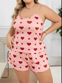 MDB MdbShop Büyük Beden Pembe Kalp Desen Pamuklu Şortlu Pijama Takımı - 1