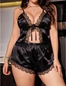 MDB MdbShop Büyük Beden Siyah Dantel İşlemeli Saten Şortlu Takım thumbnail 2