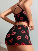 MDB MdbShop Pamuklu Kiss Öpücük Desen Siyah Fitilli Şortlu Pijama Takımı - 3