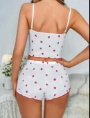 MDB MdbShop Beyaz Çilek Desenli Askılı Şortlu Pijama Takımı - 2