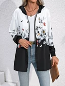 Kadın Uzun Kollu Kapşonlu Fermuarlı çiçek-kelebek Desenli şardonlu Dalgıç Ceket - 5