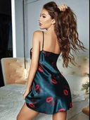 MDB MdbShop Yeşil İnce Askılı Dudak Desenli Saten Mini Gecelik thumbnail 2