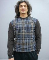 20400 Kahverengi Desenli Sıfır Yaka Jakar Basic Kazak - 1