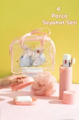 Porsima 3143 Tavşan Figürlü Seyahat Seti - Diş Fırçası Kutusu Banyo Lifi Sabun Kutusu Seyahat Çantası Pembe - 1