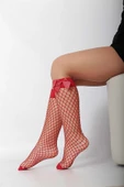Kırmızı Fileli Diz Altı Fiyonklu Kız Çocuk Çorap - 1