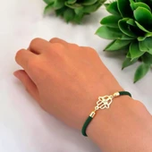 14 Ayar Altın Plakalı Harfe Özel Koyu Yeşil İpek Örgülü Hamsa Figürlü Hediye Bileklik-498 thumbnail 2