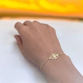 14 Ayar Altın Plakalı İsme Özel Hamsa Motifli Altın Renkli Zincirli Hediye Bileklik-497 thumbnail 2