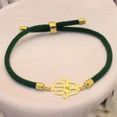 14 Ayar Altın Plakalı Harfe Özel Koyu Yeşil İpek Örgülü Hamsa Figürlü Hediye Bileklik-498 thumbnail 1