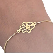 14 Ayar Altın Plakalı İsme Özel Hamsa Motifli Altın Renkli Zincirli Hediye Bileklik-497 thumbnail 3