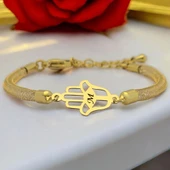 14 Ayar Altın Plakalı Harfe Özel Hasır Kordonlu Hamsa Motifli Hediye Bileklik-499 thumbnail 1