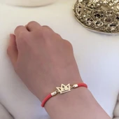14 Ayar Altın Plakalı Harfe Özel Turuncu Örgü İpli Taç Motifli Hediye Bileklik-501 thumbnail 2