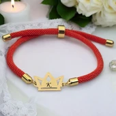 14 Ayar Altın Plakalı Harfe Özel Turuncu Örgü İpli Taç Motifli Hediye Bileklik-501 thumbnail 1