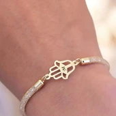 14 Ayar Altın Plakalı Harfe Özel Hasır Kordonlu Hamsa Motifli Hediye Bileklik-499 thumbnail 3