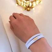 14 Ayar Altın Plakalı İsme Özel Taç Figürlü Doğal Beyaz Derili Hediye Bileklik-500 thumbnail 2