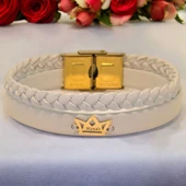 14 Ayar Altın Plakalı İsme Özel Taç Figürlü Doğal Beyaz Derili Hediye Bileklik-500 thumbnail 1