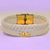 14 Ayar Altın Plakalı Harfe Özel Doğal Beyaz Derili Taç Figürlü Hediye Bileklik-500 thumbnail 1