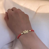 14 Ayar Altın Plakalı Harfe Özel Turuncu Örgü İpli Taç Motifli Hediye Bileklik-501 thumbnail 3