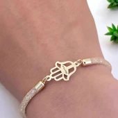 14 Ayar Altın Plakalı İsme Özel Hamsa Motifli Hasır Kordonlu Hediye Bileklik-499 thumbnail 3