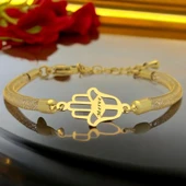 14 Ayar Altın Plakalı İsme Özel Hamsa Motifli Hasır Kordonlu Hediye Bileklik-499 thumbnail 1